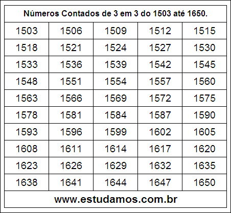 Ficha Com Números Múltiplos de Três do 1503 ao 1650