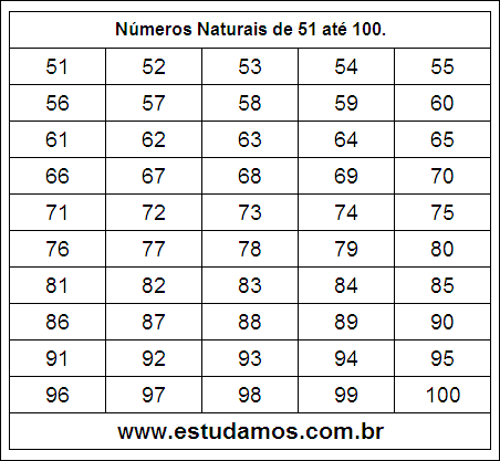 Ficha Com Números Naturais do 51 ao 100
