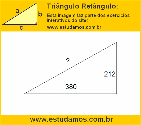 Triângulo Retângulo Com Catetos Medindo 212 e 380 Metros
