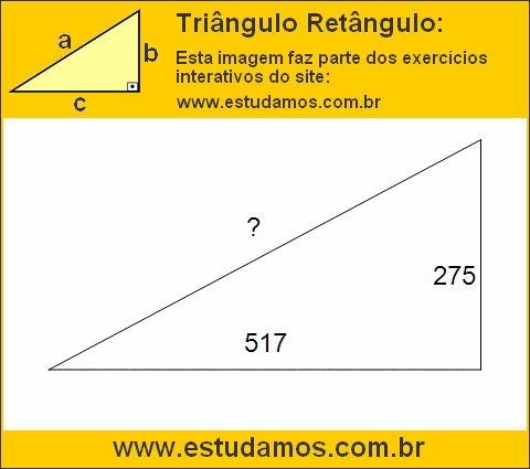 Triângulo Retângulo Com Catetos Medindo 275 e 517 Metros