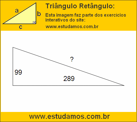 Triângulo Retângulo Com Catetos Medindo 99 e 289 Metros