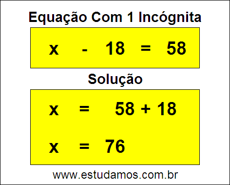 Passo a Passo Para Descobrir o Valor da Incógnita na Equação x - 18 = 58