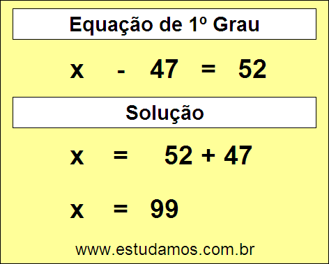 Passo a Passo Para Resolver a Equação x - 47 = 52