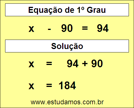 Passo a Passo Para Resolver a Equação x - 90 = 94