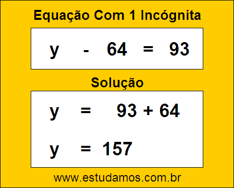 Resposta da Equação de Uma Incógnita y - 64 = 93