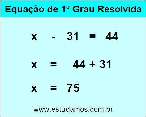 Resposta da Equação x - 31 = 44