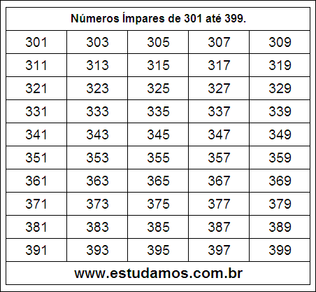 Ficha Com Números Ímpares do 301 ao 399