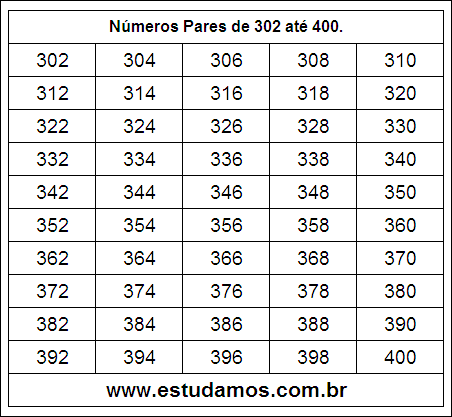 Ficha Com Números Pares do 302 ao 400